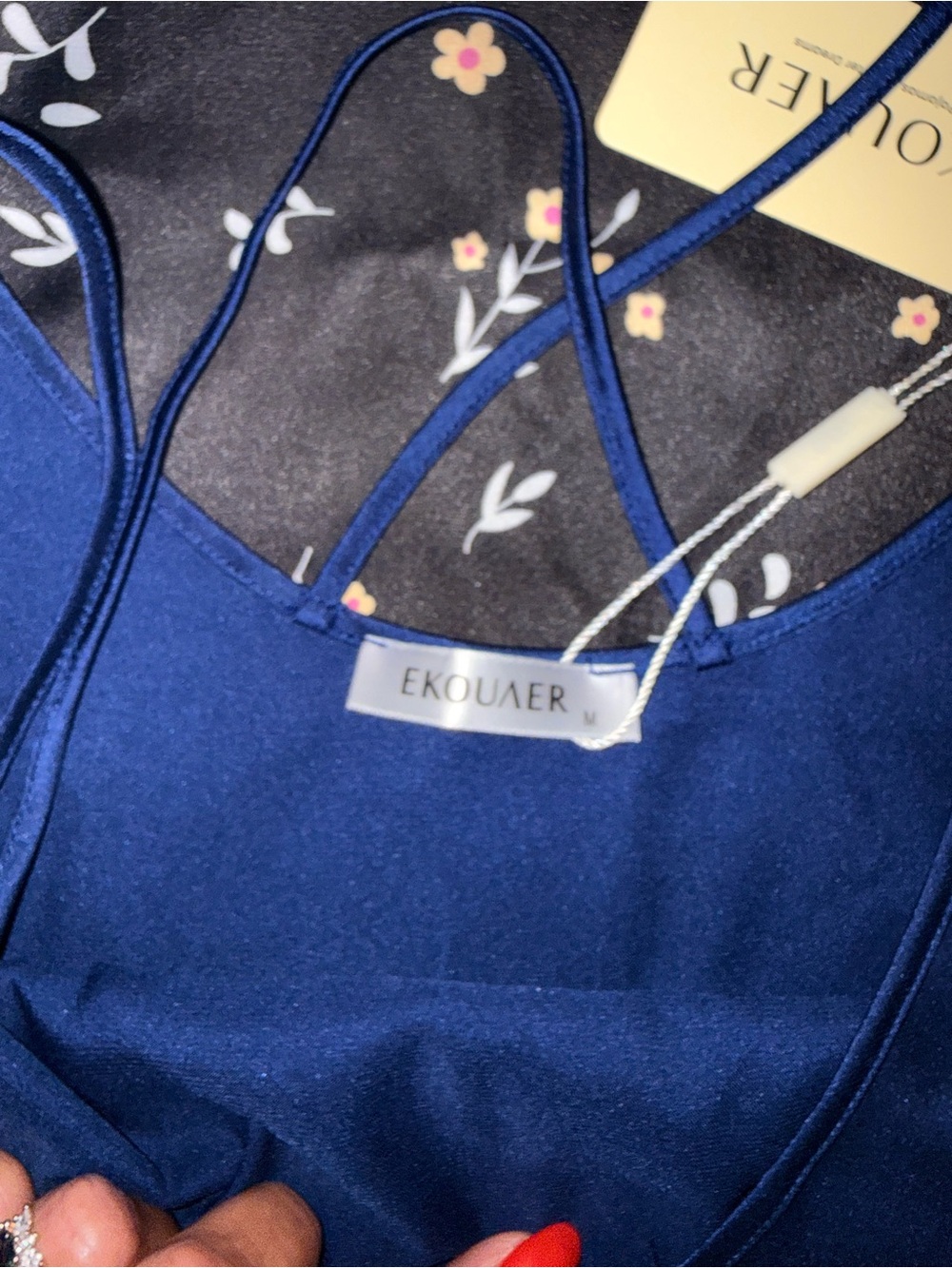 Two Satin V-Neck Camisole Tank - Royal Blue & black floral - Picture 5 of 9